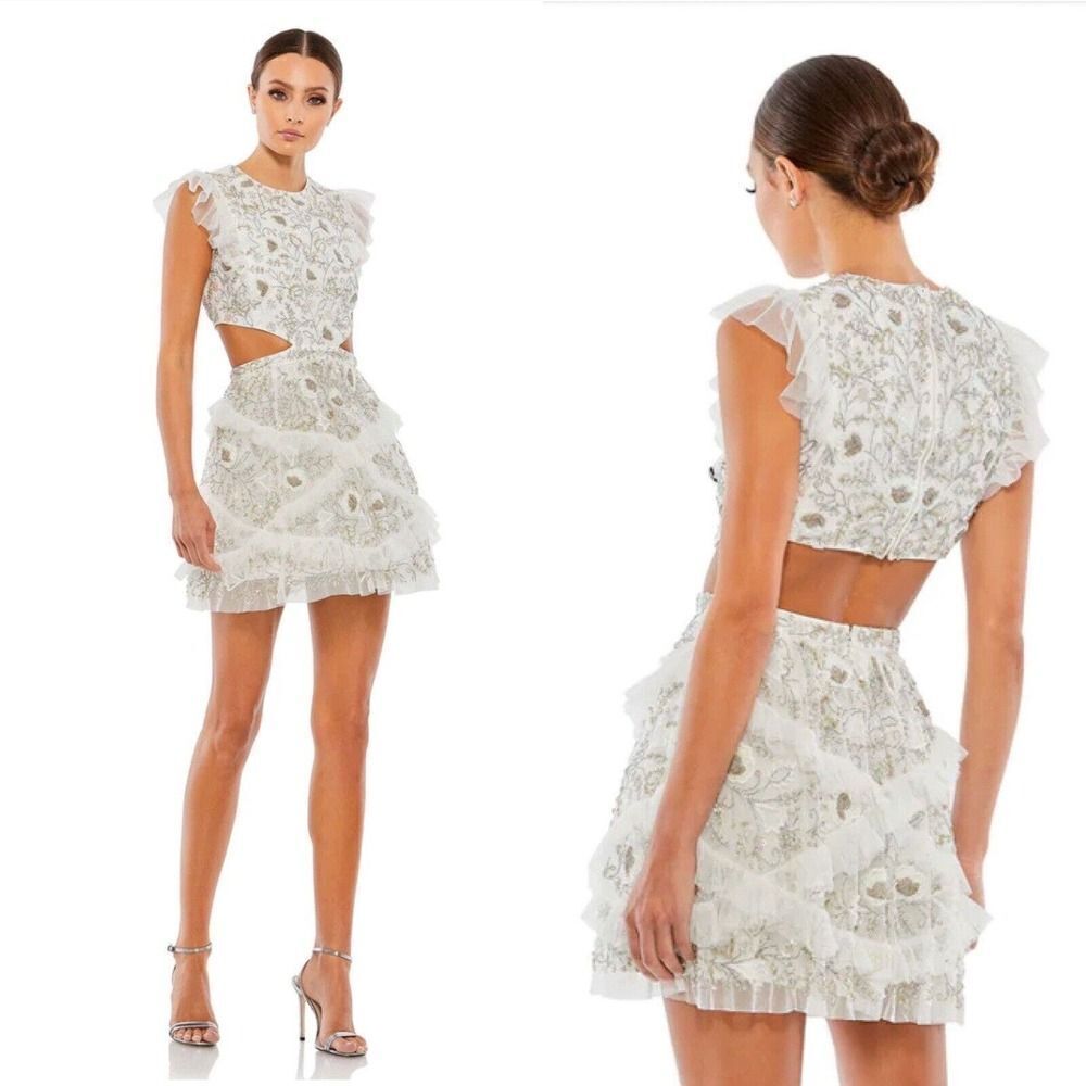 Mac Duggal Short White Silver Net Ruffle Beaded Mini Cut Out Cocktail Dress Sz 8
